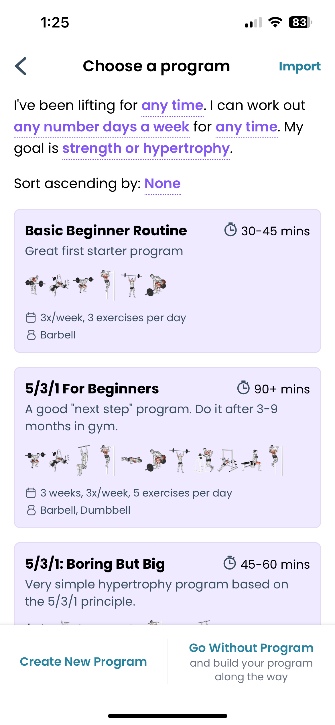Programs screen
