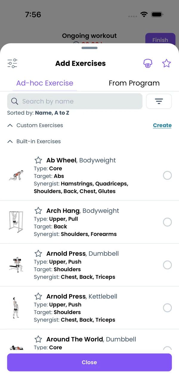 The exercise picker with the Custom Exercises header and its Create link