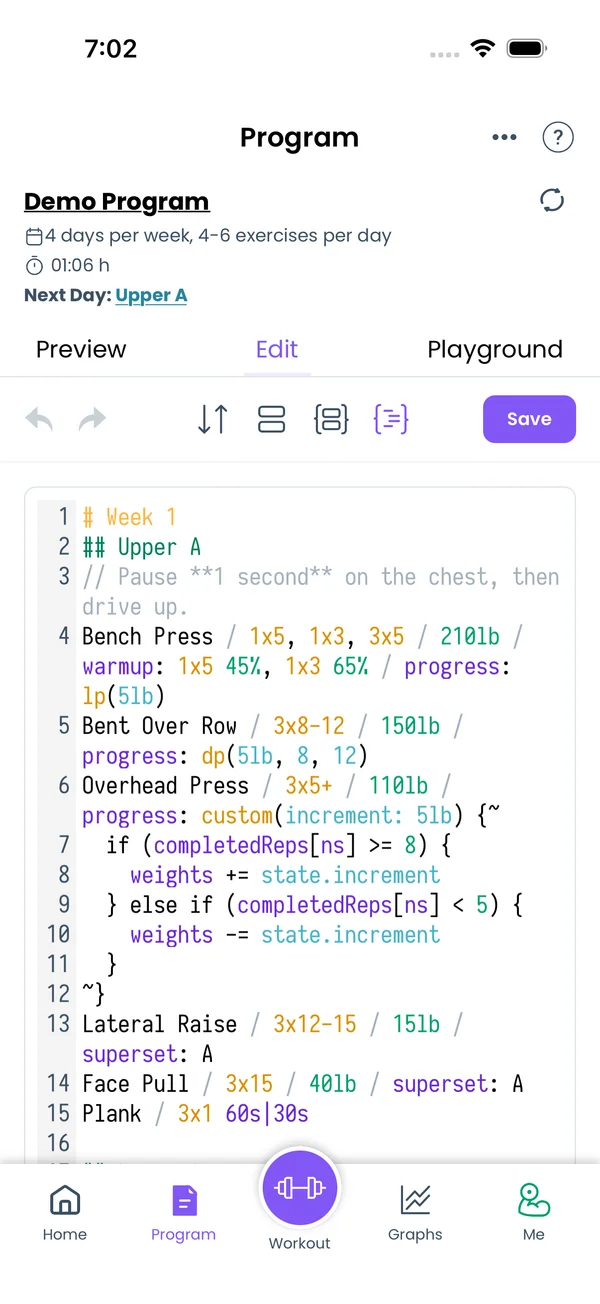 The full program text with week and day headings