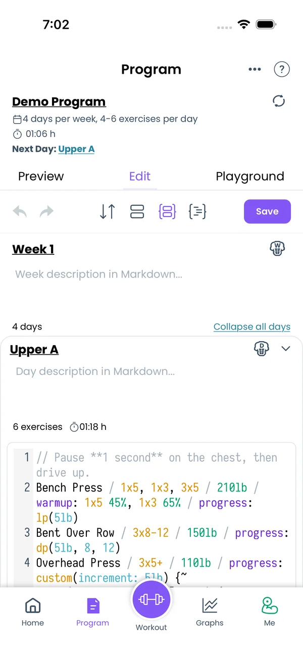 The per-day text mode with one editor per day